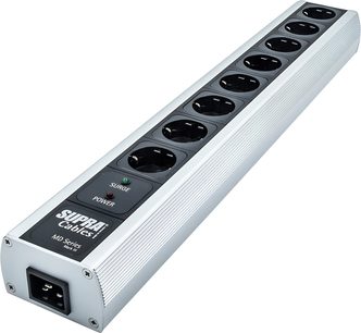 Supra MainBlock MD08-EU/SP MK3 sølvfarvet stikdåse, 8 Schuko-udtag, alu-kabinet med Surge- og Power-indikatorer