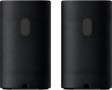 Para głośników Sony SA-RS8 w kolorze czarnym, o zaokrąglonym prostokątnym kształcie z kratką na froncie, widok z przodu