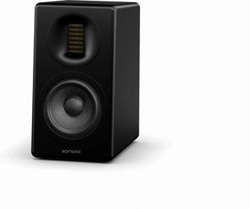 Sort Sonoro Orchestra Slim Gen.2 reolhøjttaler med bånddiskant og cirkulær basenhed set forfra