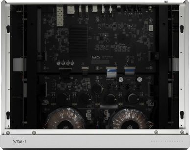 Matrix Audio MS‑1 nettverksspiller i sølvfarget aluminium, frontvisning med åpent chassis som viser et stort svart kretskort, to beskyttede ringkjernetrafoer og en skrudd frontplate med «MS‑1» silketrykk