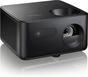 Videoproiettore Optoma Photon Life PK31, plastica nera opaca, vista 3/4 anteriore destra, obiettivo rotondo, griglia laterale perforata