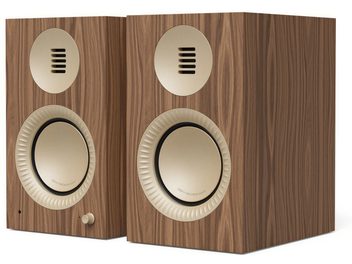 Coppia di diffusori attivi Kanto TUK G2 finitura noce, vista frontale, con altoparlanti beige e tweeter ovali