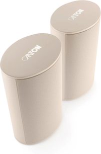 Чифт компактни hi-fi тонколони Canton Puro 30 в пясъчен цвят, заоблен дизайн с бежова предна решетка, вид отгоре под ъгъл