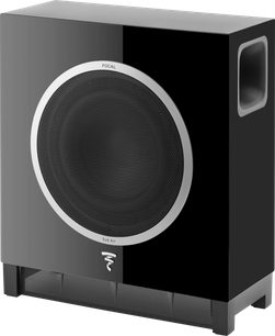 Focal Dôme Flax 5.1 kompakt højttalersæt sort, rektangulær sort subwoofer, central cirkulær gitter, sideplaceret basrefleksport