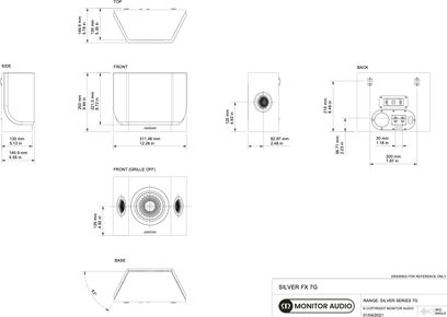 Тилова акустична система Monitor Audio Silver FX 7G у чорному лакованому виконанні. Технічна схема з розмірами та видами спереду, збоку, зверху, знизу і з решіткою