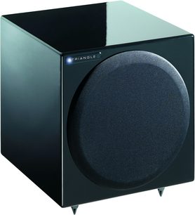 Sort Triangle Meteor 0.5 WiFi subwoofer set fra 3/4 forfra, cirkulær højttaler, skinnende front, blå LED tændt
