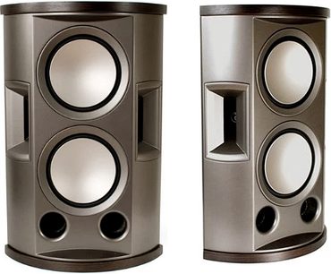 Klipsch P-27S espresso-højtalere, set forfra og fra siden, cylindrisk form, mørk træfinish, to runde højttalere