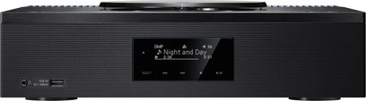 Czarny system all-in-one hi-fi Technics SA-C600EG-K, przedni panel, szczotkowane aluminium, wyświetlacz LCD, przyciski, szuflada na płyty CD, port USB