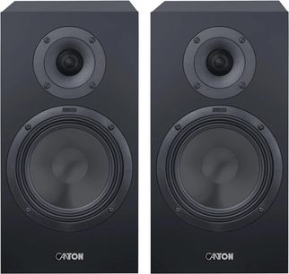 Coppia di diffusori da scaffale Canton GLE 30 S2 neri, pannello frontale con tweeter e grande woofer circolari