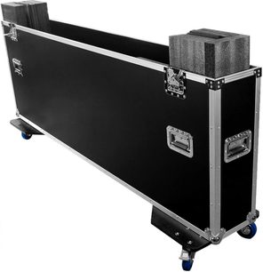 Svart flightcase for skjerm Power Acoustics Flight Ecran 75/85, åpen, med hjul og sølvfargede kanter