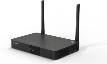 Zidoo Z9X 8K medieafspiller, sort rektangulært kabinet, 2 lodrette antenner, digital skærm, USB- og RS-232-porte