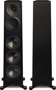 Diffusore da pavimento Paradigm Founder 100F in legno nero, vista frontale, 3 altoparlanti rotondi, tweeter, midrange e woofer, cabinet rettangolare nero