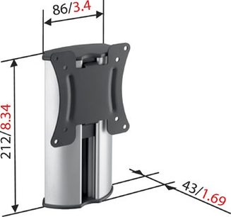 Gråt metalvægbeslag til fladskærm, set fra siden, vægmonteret, dimensioner angivet 86/3,4 cm og 43/1,69 cm