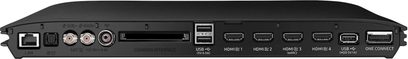 Černý obdélníkový kryt s porty HDMI, USB a konektorem One Connect, pohled zepředu