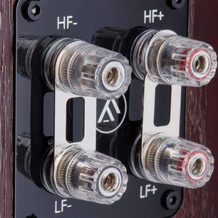 Fyne Audio F501 sorte træhøjttalere, tæt forfra-billede af højttalerne og tilslutningsklemmerne