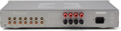 Cambridge Audio 340A SE hi-fi stereo amplifier, silver front panel with black and red inputs, knobs, and indicator lights