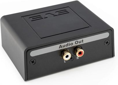 Acessório para cabo SVS SoundPath Speaker Level, caixa preta retangular com duas saídas de áudio RCA marcadas L e R