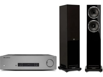 Cambridge CXA amplifier and pair of black Fyne Audio floorstanding speakers, front and three-quarter view