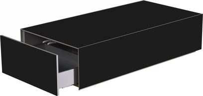 Blankt sort Sonorous Elements ES90 skræddersyet audio-/videomøbel, push-pull-skuffe, åben niche, strømlinet design