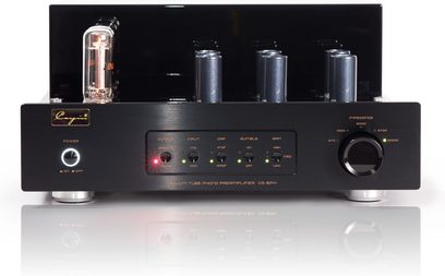 Cayin CS-6PH högupplöst effektförstärkare i svart, borstad metallchassi sedd framifrån, med synligt glastub till vänster, rad av LED-indikatorer i mitten och stort vridreglage till höger