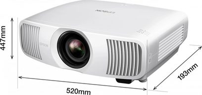 Epson EH-LS11000W hvit videoprojektor, sett forfra og fra siden, med avrundet rektangulær form, svart desentert linse