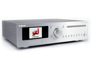 Hei-fi alt-i-ett-system Block CVR-200 sølv, børstet aluminium, skjerm, ratt, CD-spalte, trekvartsvisning