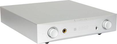 Nuprime PRA-9X sølvfarvet stereo-forforstærker, frontvisning, to drejeknopper, hovedtelefonstik, metalfront og -kabinet