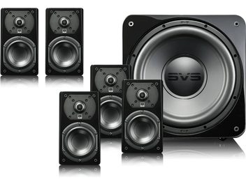 Schwarzlackiertes SVS Prime 5.1-Lautsprecherset mit 5 Regallautsprechern und 1 Subwoofer, Frontansicht