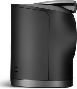Trådløs, tilsluttet Bowers & Wilkins Formation Duo-højttaler i sort, set forfra, cylindrisk form, mat sort finish