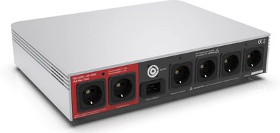 Condizionatore di rete IsoTek V5 Aquarius argento, 6 prese di corrente, interruttore on/off, spie LED rosse