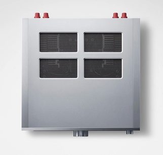 Technics SU-R1000E-S Silver stereo hi-fi amplifier, front view, 4 black ventilation grilles, 4 red feet, gray enclosure