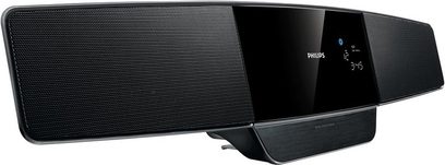 Philips MCM-330 sort hi-fi-minianlæg i sort bestående af to højttalere og en central enhed med LED-skærm, set forfra