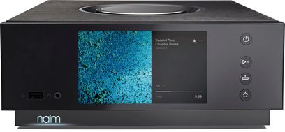 Naim Uniti Atom HDMI sort hi-fi stereforstærker, frontvisning, skærm der viser et blåt billede, knapper og drejeknap på toppen