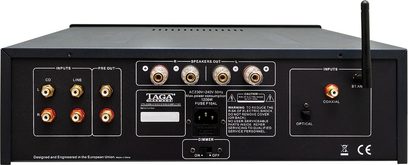 Amplificatore hi-fi stereo Taga Harmony HTA-2500B nero, vista ravvicinata posteriore centrata, connettori e regolazioni visibili