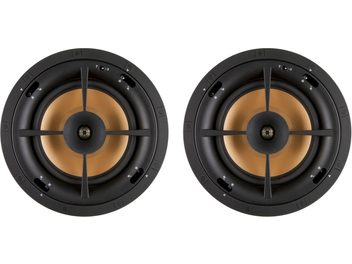 Sæt med 2 sorte Klipsch PRO-180-RPC indbygningsloftshøjttalere med kobbermembran, set forfra