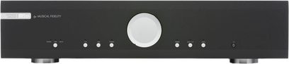 Integreret stereo hi-fi forstærker M5si sort, frontvisning, rektangulært kabinet, central sølvfarvet cirkulær knap, 8 hvide runde knapper på linje