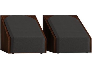 Pair of Monitor Audio Silver AMS 8G Dolby Atmos speakers in walnut with black front grilles, front view
