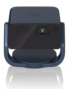 Epson EF-22N projektor, frontvisning, sort rektangulært kabinet, central linse, buet blåt stativ, reflekterende overflade