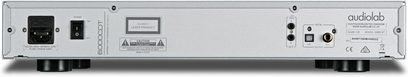 Lecteur CD haute-fidélité Audiolab 6000CDT argent vu de dos avec connecteurs, interrupteur, prise d’alimentation et inscriptions