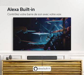 Denon Home 550 soundbar under a TV displaying a low-angle shot of a music band playing drums on stage