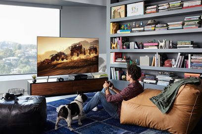 Samsung QE65Q6F 2018 65" TV viser en scene med terrængående køretøjer i en kørsel i en stue med en mand siddende på en sofa og to hunde
