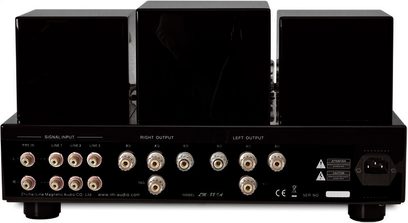 Line Magnetic LM-88IA sort rørforstærker, frontvisning, 6 signalindgange, 2 højttalerudgange, forgyldte knapper og stik