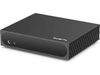 Δικτυακός audio player Matrix Audio Mini‑i Pro 4 ματ μαύρο αλουμίνιο, τρισδιάστατη όψη από δεξιά μπροστά, γυαλιστερή πρόσοψη με δύο χρυσοποίκιλτες υποδοχές ακουστικών και πλευρική ψύκτρα με πτερύγια