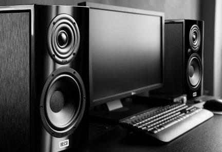 Boxe de raft Heco negre de o parte și de alta a unui monitor de computer cu tastatură pe un birou
