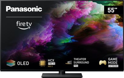Panasonic TV-55Z85AEG High Definition Television, OLED screen, front view, black background with colorful patterns, logos fire tv, HCX PRO AI MK II, THEATER SURROUND PRO, GAME MODE EXTREME