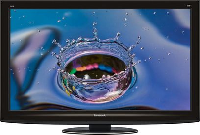 Panasonic TX-P42GT20 fladskærms-TV, der viser et nærbillede af en vanddråbe med regnbuerefleksioner