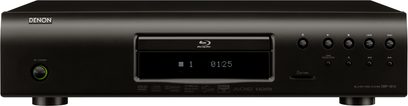 Denon DBP-1610 sort 4K Blu-ray-afspiller, set forfra, blåt digitalt display, knapper og stik på forsiden
