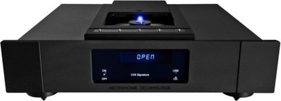 Metronome Teknologi CD8 USB sort CD-afspiller, frontvisning, blå "OPEN"-display, CD-sprække, USB-port