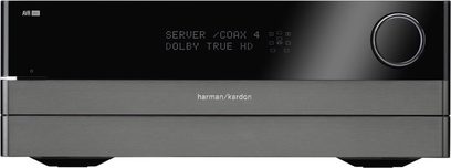 Mat sort front på en Harman Kardon AVR-660 hjemmebiografsforstærker, display, drejeknap, jackstik, børstet aluminiumsbånd
