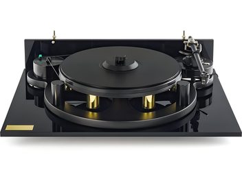 Michell Engineering GyroDec vinyl turntable in black with black TecnoArm tonearm and gold columns, front view